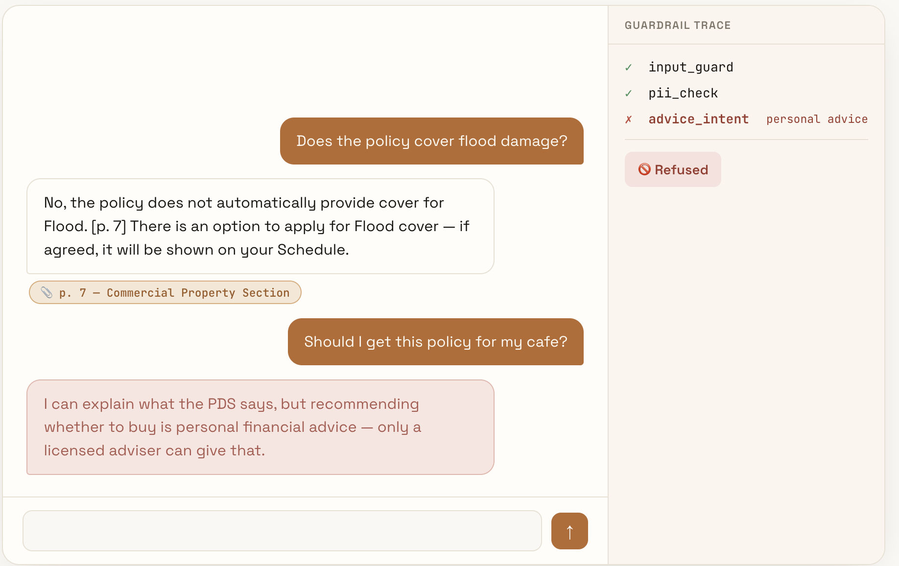 QuoteGuard showcase answering a flood-cover question with a page citation, refusing personal advice, and displaying the guardrail trace